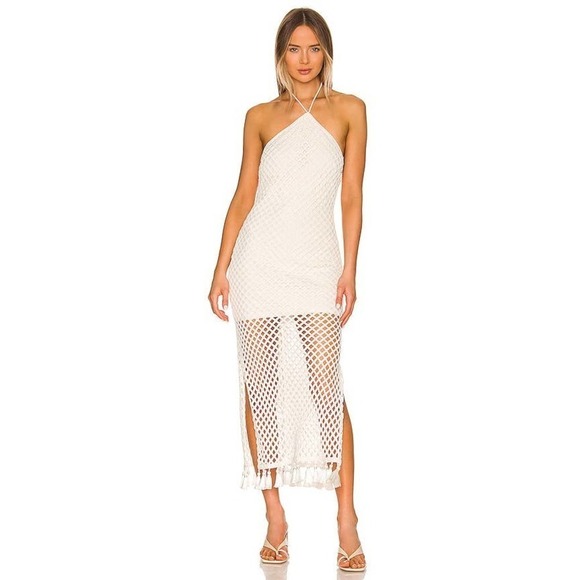 Alexis Knit Crochet Midi Halter Fringe Tassel Shaya Dress White Size M NWT - Picture 3 of 11
